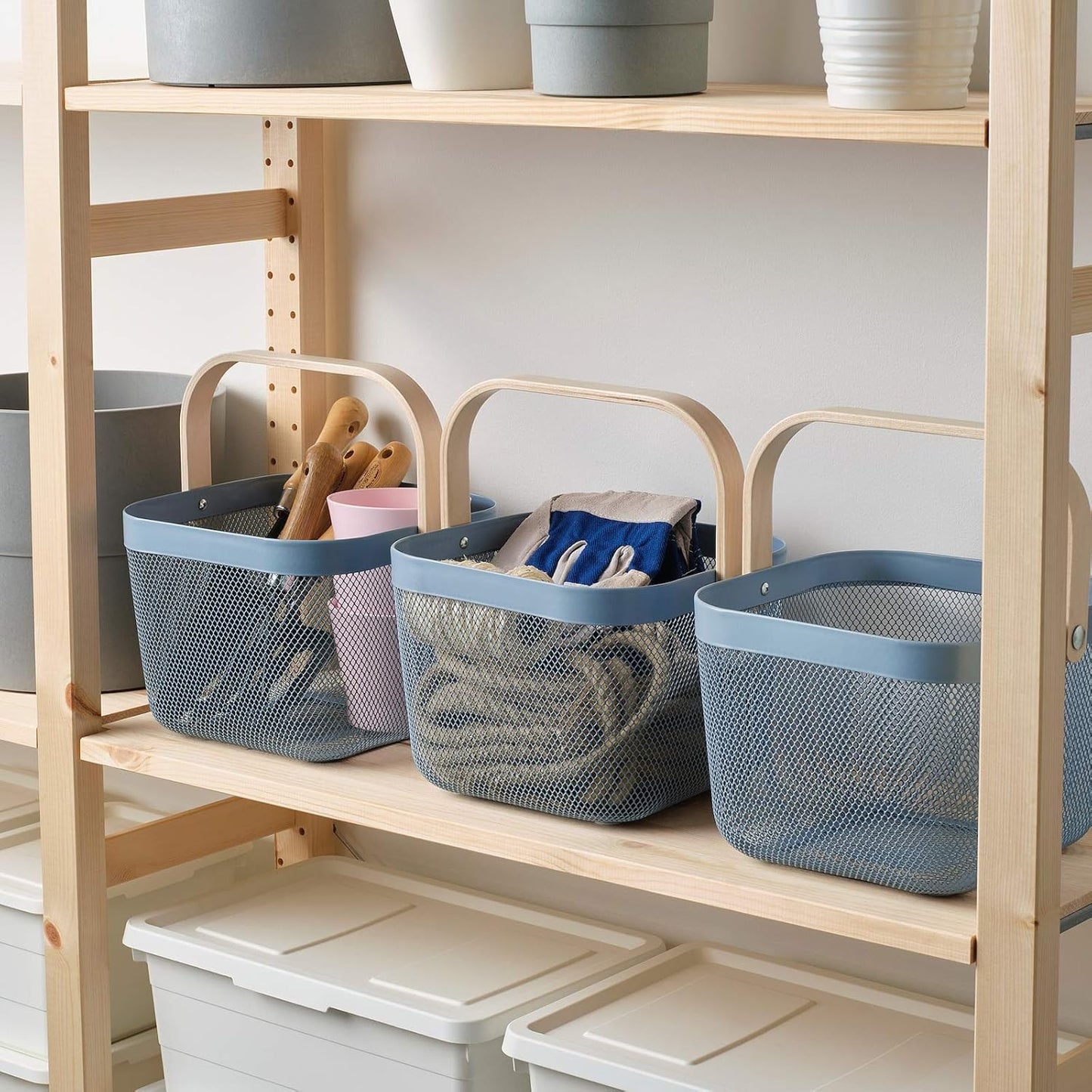 Canasto Organizador Mango de Madera - Celeste