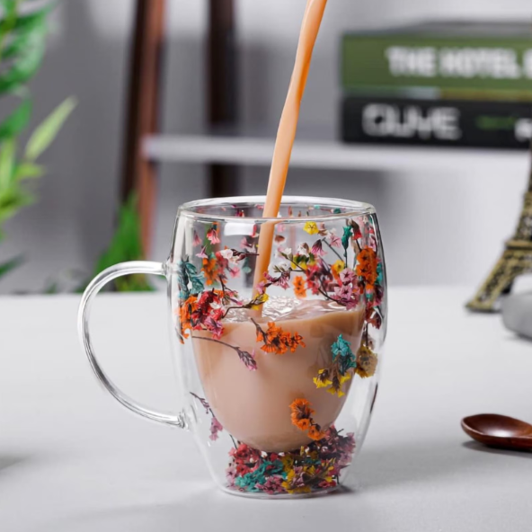 Taza de Vidrio Borosilicato | Diseño Flores Secas