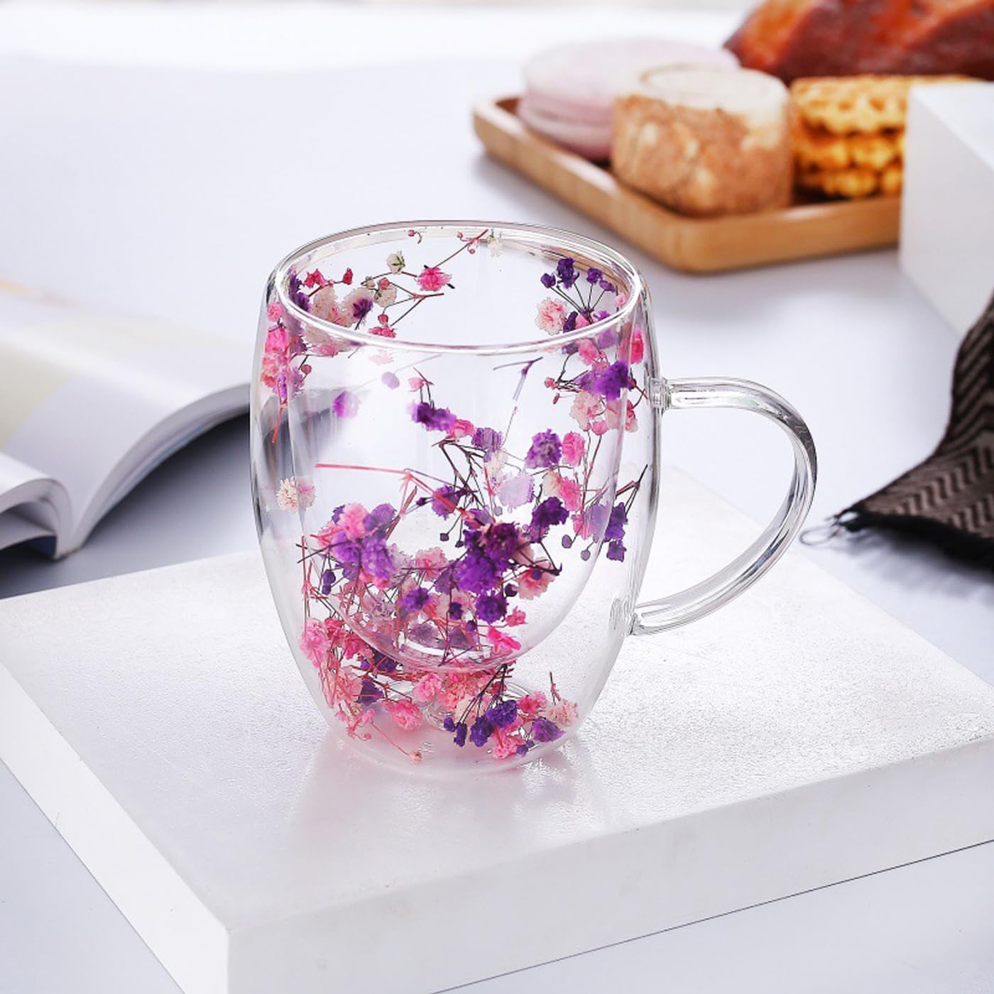 Taza de Vidrio Borosilicato | Diseño Flores Secas Lila